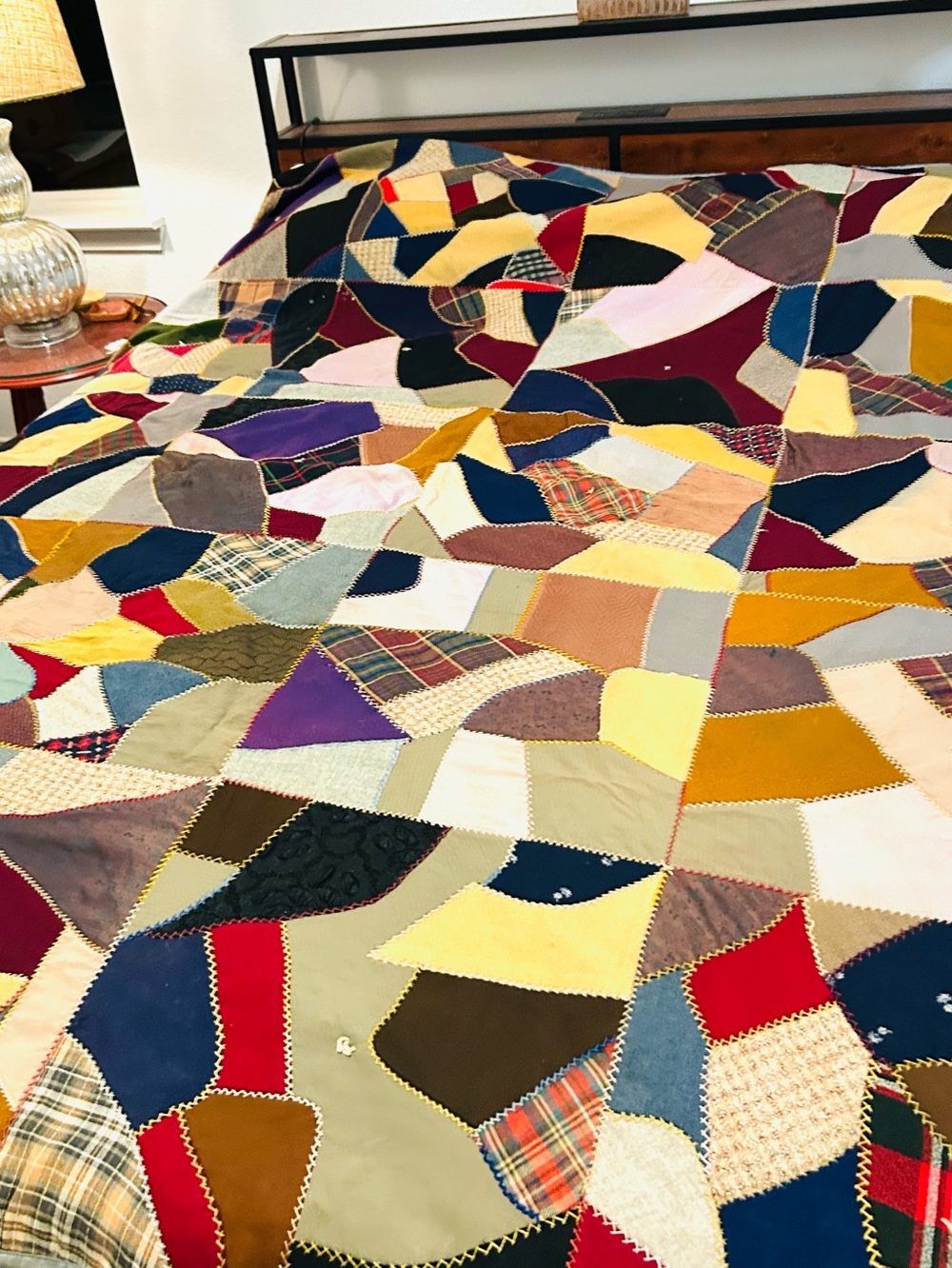Antique Handmade Crazy Quilt, Folk Art, Hand Tied, Cottagecore Farmhouse 60x76